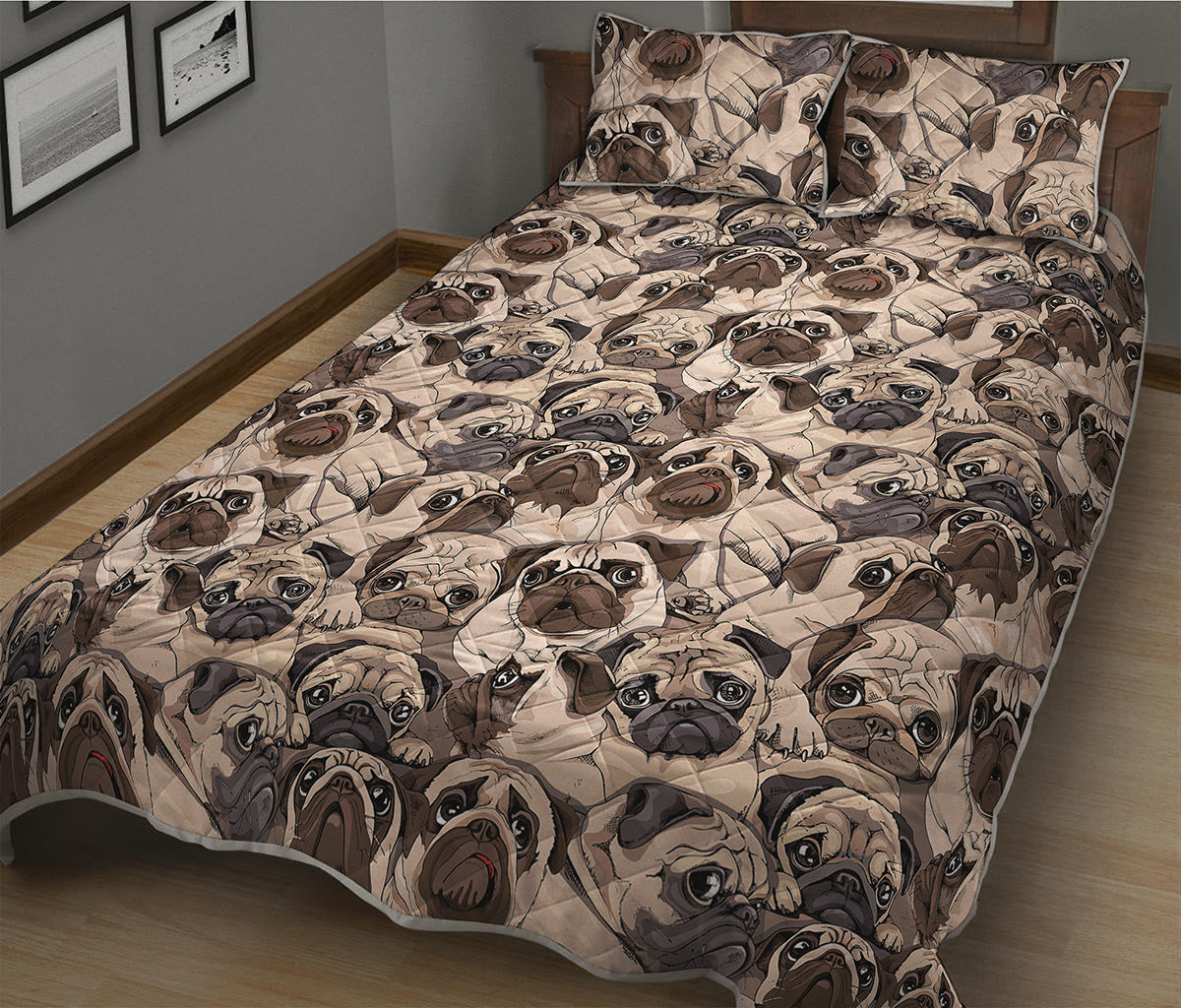 Cute Pug Pattern Print Quilt Bed Set