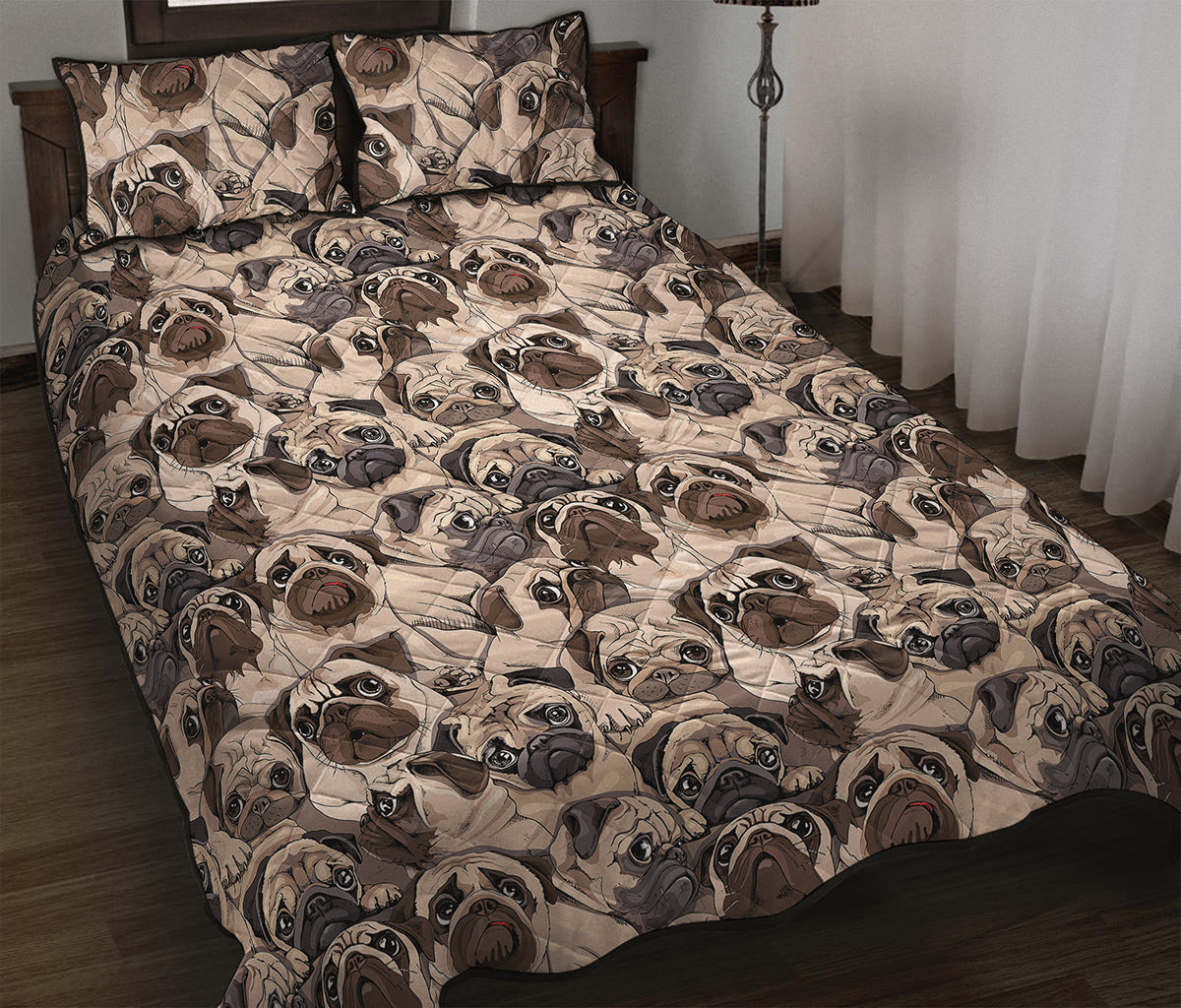 Cute Pug Pattern Print Quilt Bed Set