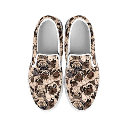 Cute Pug Pattern Print White Slip On Shoes