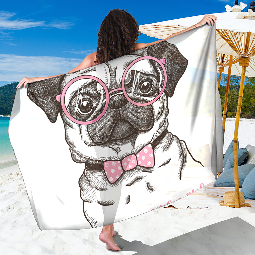 Cute Pug With Glasses Print Beach Sarong Wrap