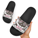 Cute Pug With Glasses Print Black Slide Sandals