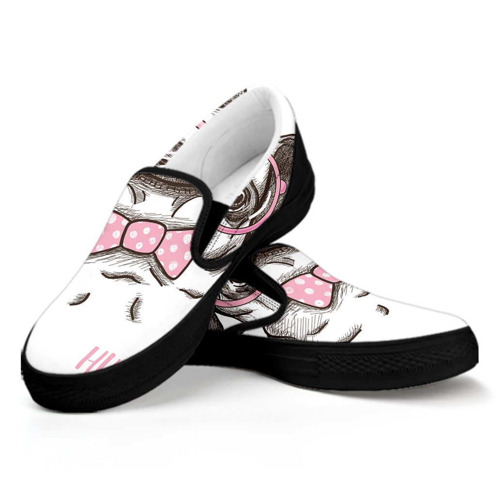 Cute Pug With Glasses Print Black Slip On Shoes
