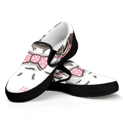 Cute Pug With Glasses Print Black Slip On Shoes