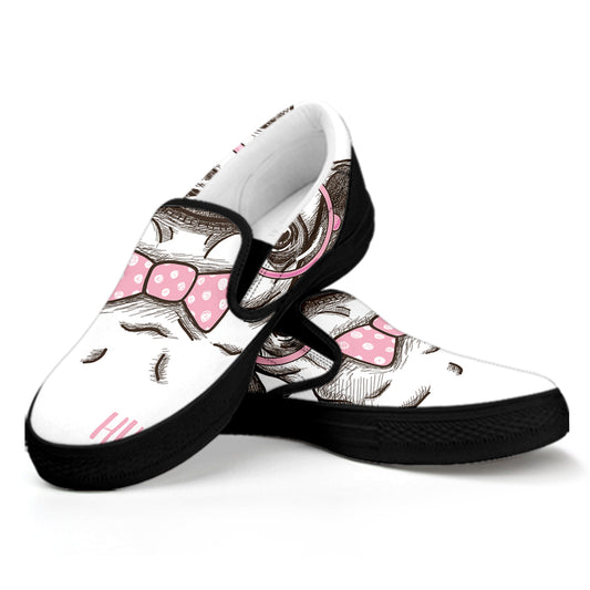 Cute Pug With Glasses Print Black Slip On Shoes