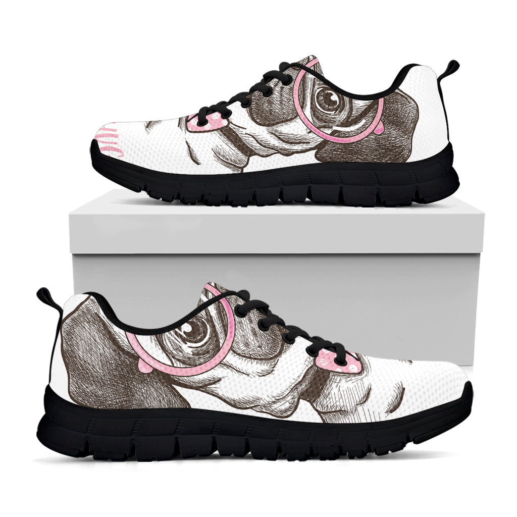 Cute Pug With Glasses Print Black Sneakers