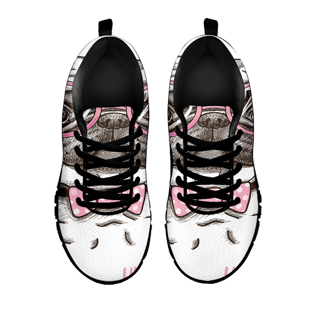 Cute Pug With Glasses Print Black Sneakers