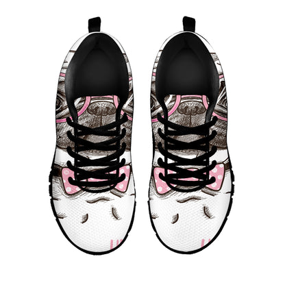 Cute Pug With Glasses Print Black Sneakers