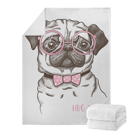 Cute Pug With Glasses Print Blanket