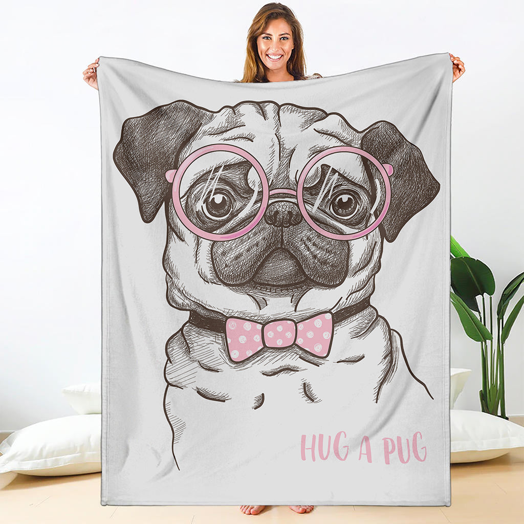 Cute Pug With Glasses Print Blanket