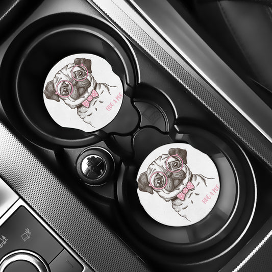 Cute Pug With Glasses Print Car Coasters
