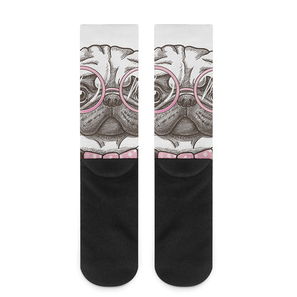 Cute Pug With Glasses Print Crew Socks