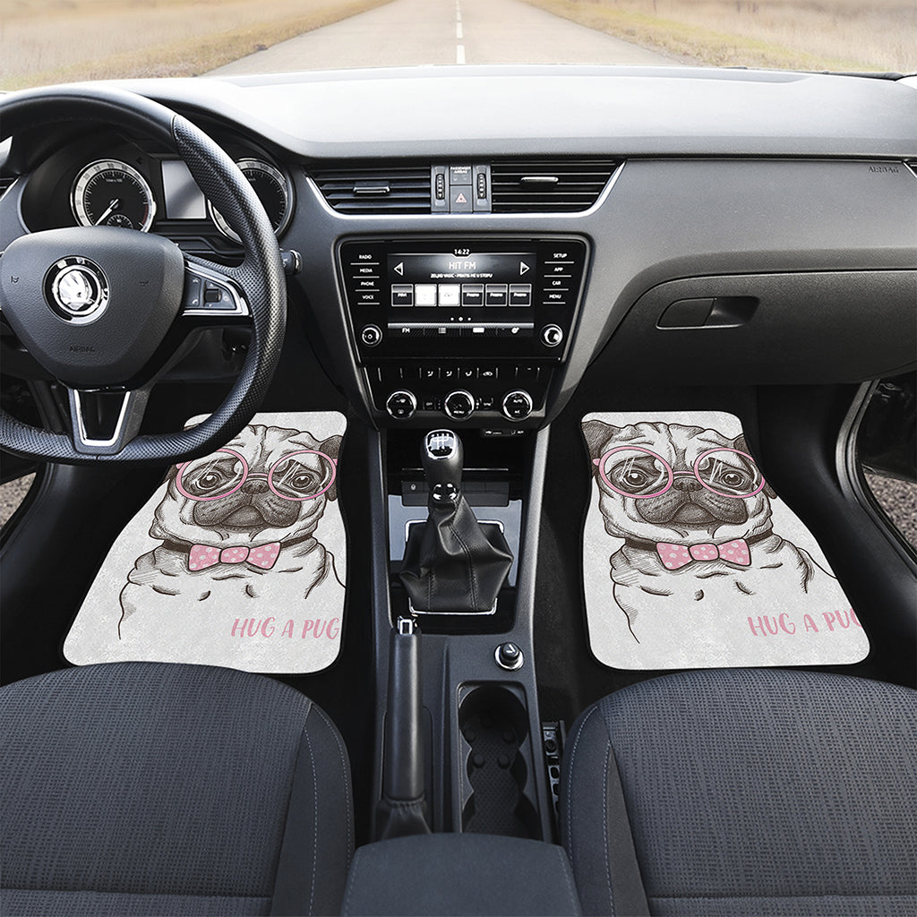 Cute Pug With Glasses Print Front and Back Car Floor Mats