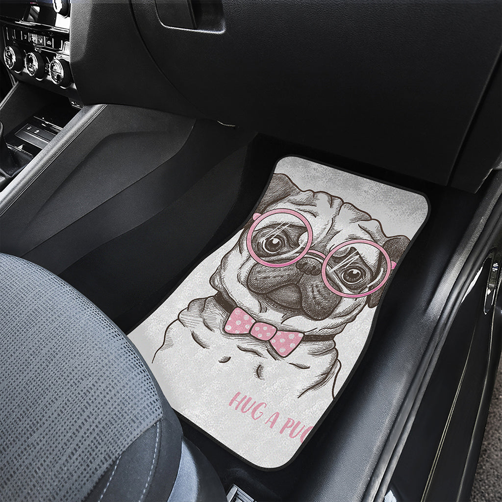 Cute Pug With Glasses Print Front and Back Car Floor Mats