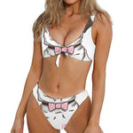 Cute Pug With Glasses Print Front Bow Tie Bikini