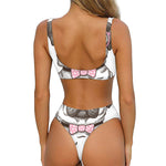 Cute Pug With Glasses Print Front Bow Tie Bikini