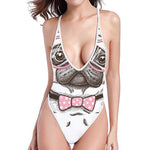 Cute Pug With Glasses Print High Cut One Piece Swimsuit