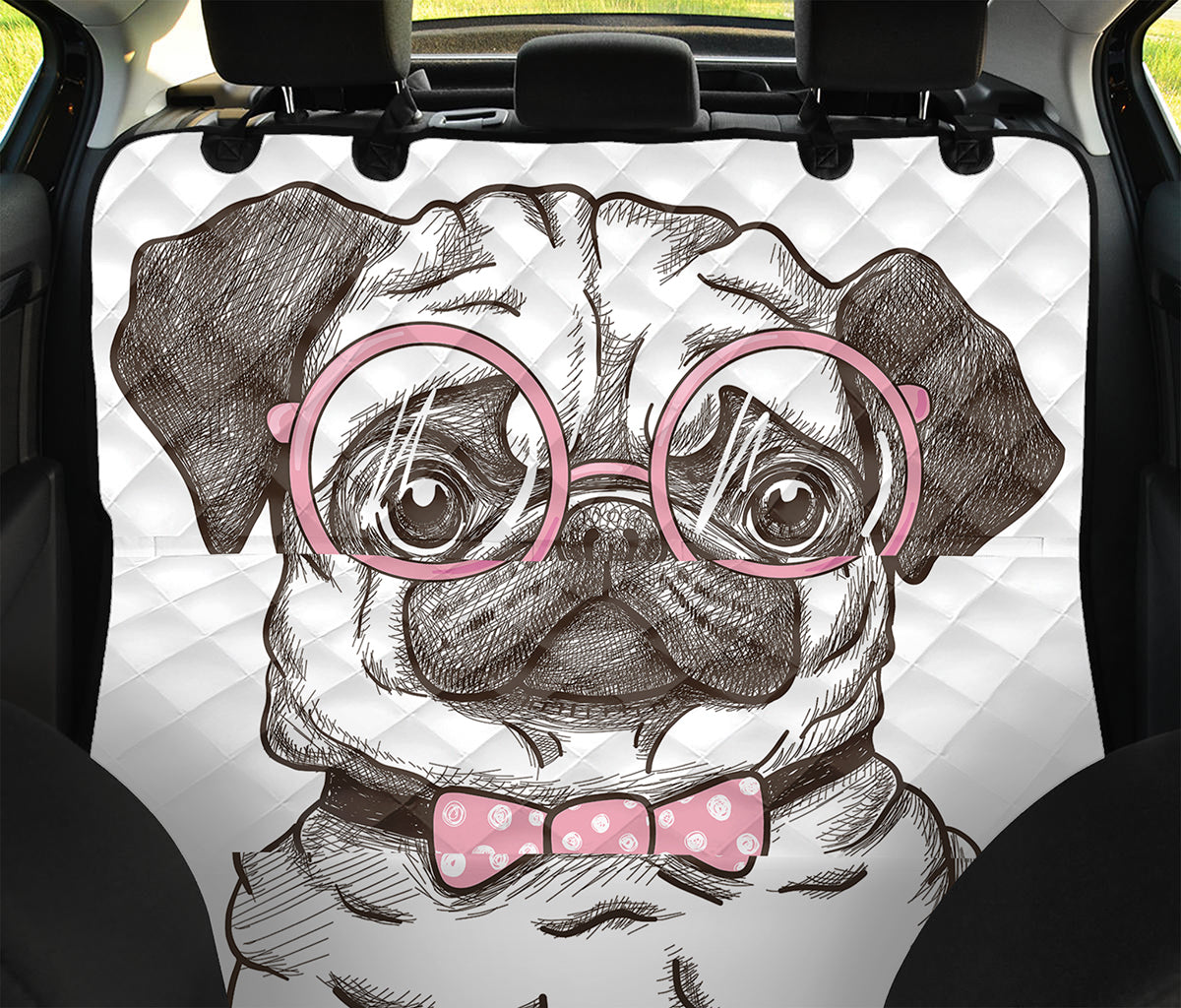 Cute Pug With Glasses Print Pet Car Back Seat Cover