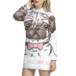 Cute Pug With Glasses Print Pullover Hoodie Dress