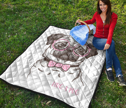 Cute Pug With Glasses Print Quilt