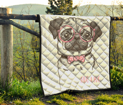 Cute Pug With Glasses Print Quilt