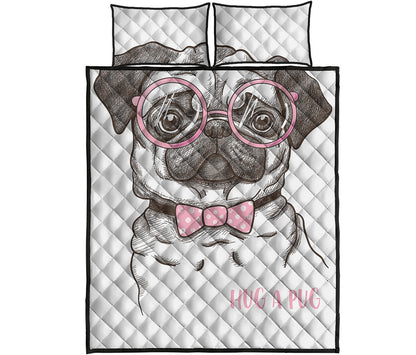 Cute Pug With Glasses Print Quilt Bed Set