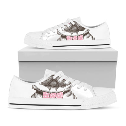 Cute Pug With Glasses Print White Low Top Shoes