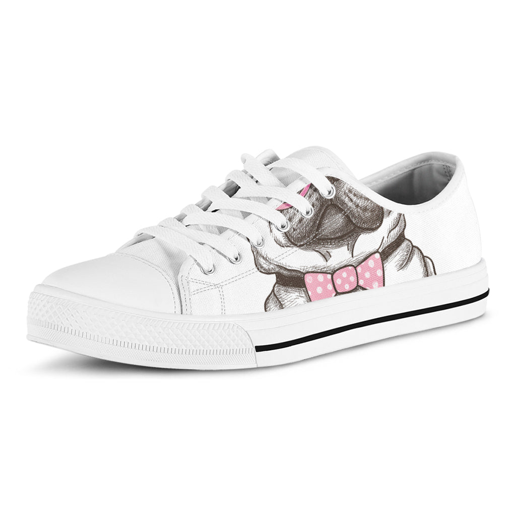 Cute Pug With Glasses Print White Low Top Shoes