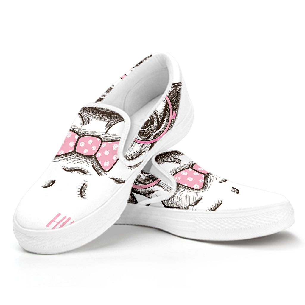Cute Pug With Glasses Print White Slip On Shoes