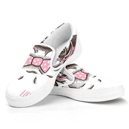 Cute Pug With Glasses Print White Slip On Shoes