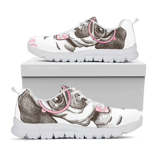 Cute Pug With Glasses Print White Sneakers