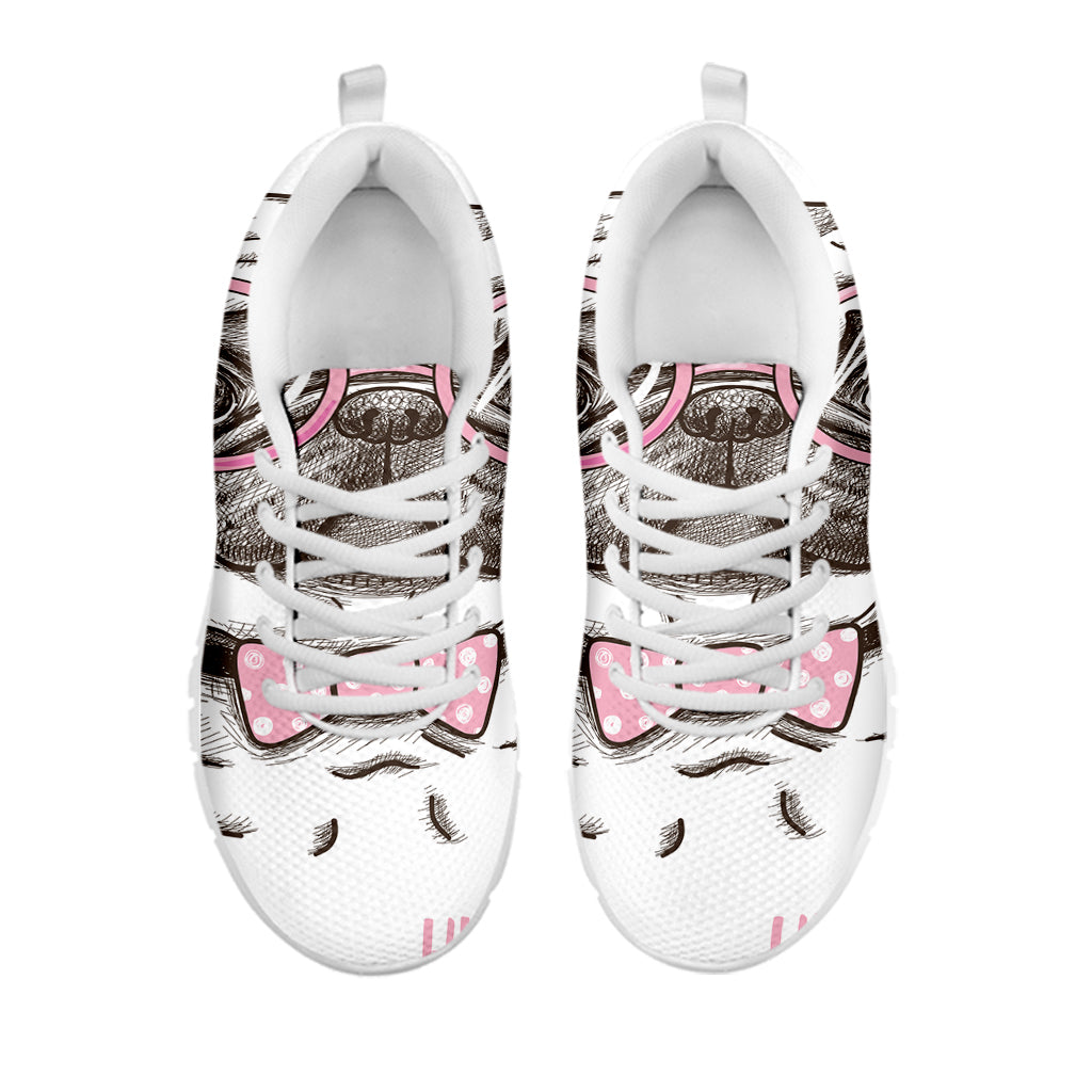 Cute Pug With Glasses Print White Sneakers
