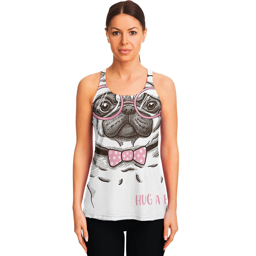 Cute Pug With Glasses Print Women's Racerback Tank Top