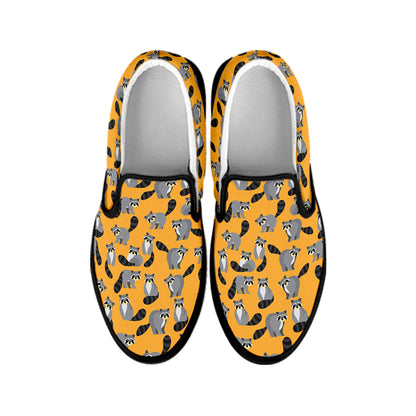 Cute Raccoon Pattern Print Black Slip On Shoes