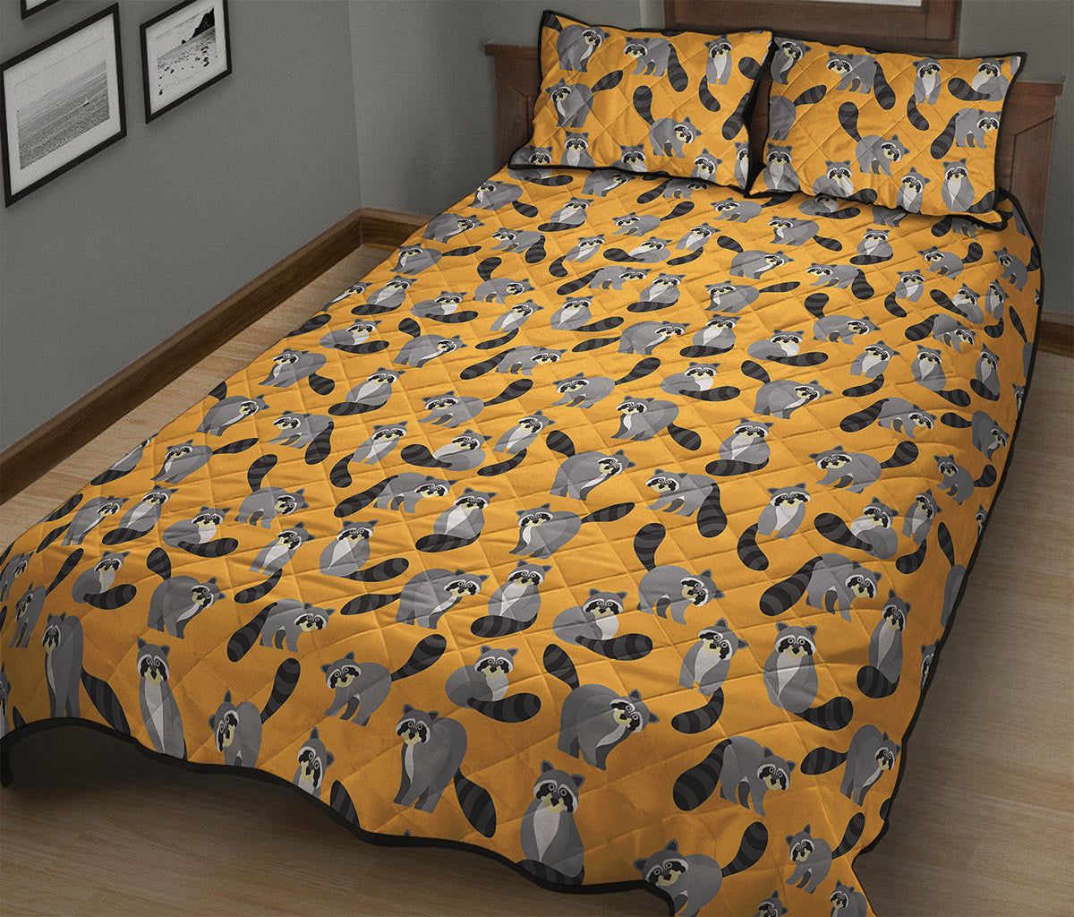 Cute Raccoon Pattern Print Quilt Bed Set