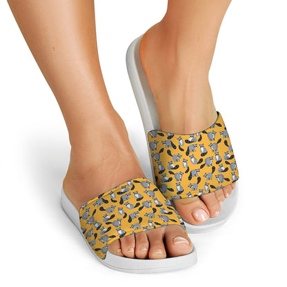 Cute Raccoon Pattern Print White Slide Sandals