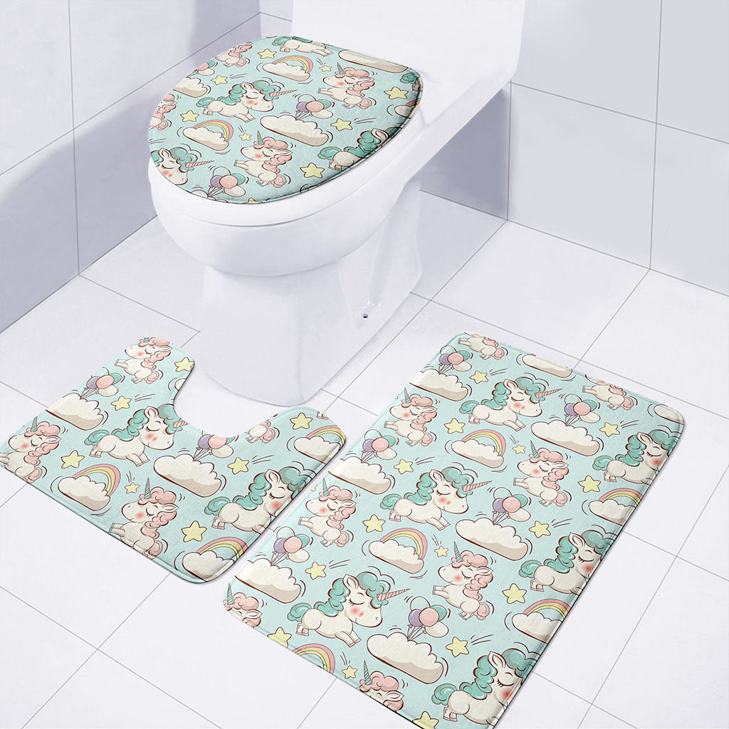 Cute Rainbow Unicorn Pattern Print 3 Piece Bath Mat Set