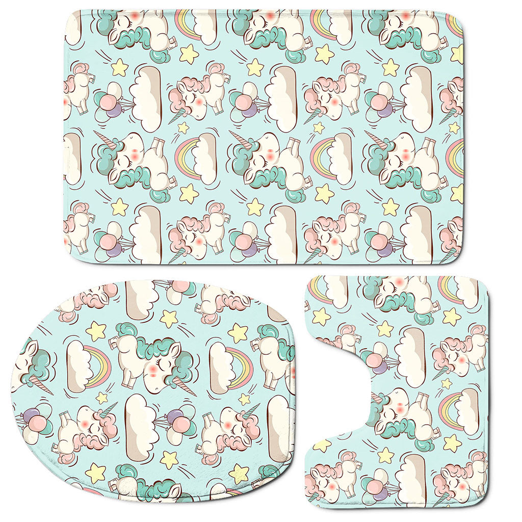 Cute Rainbow Unicorn Pattern Print 3 Piece Bath Mat Set