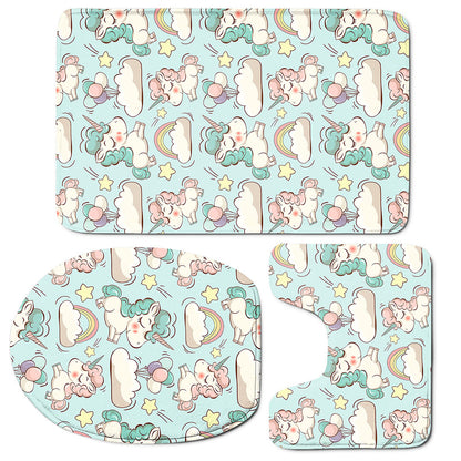 Cute Rainbow Unicorn Pattern Print 3 Piece Bath Mat Set