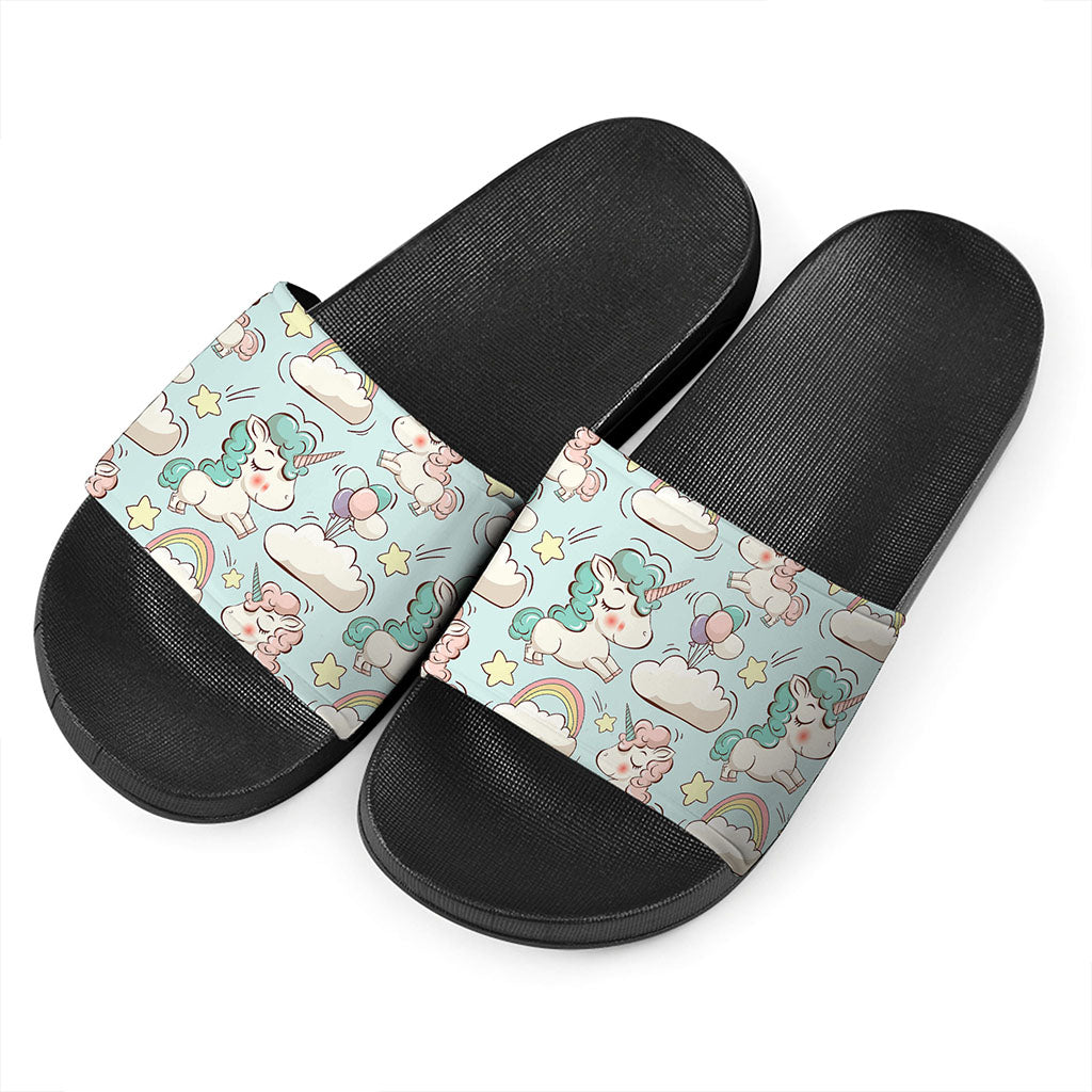 Cute Rainbow Unicorn Pattern Print Black Slide Sandals