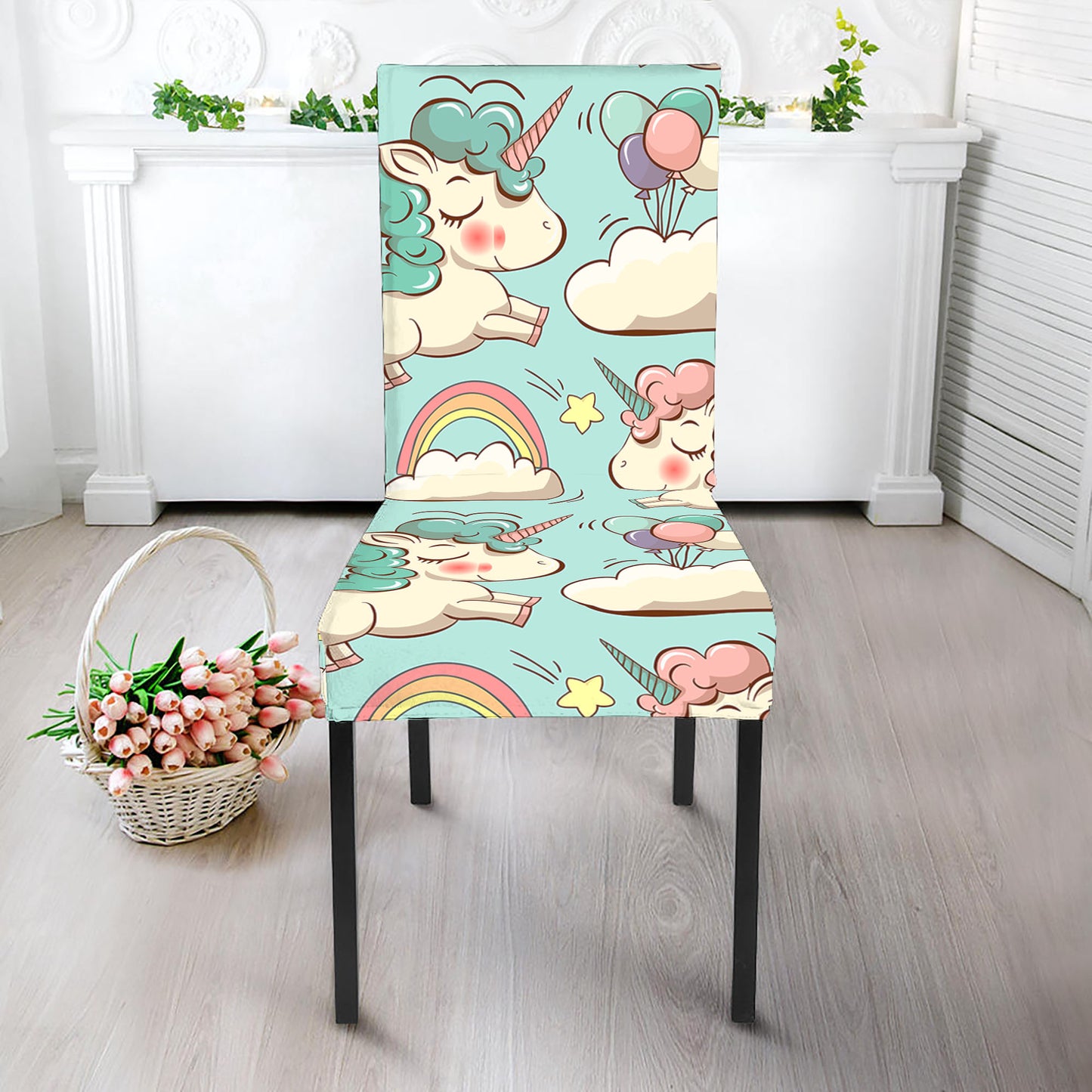 Cute Rainbow Unicorn Pattern Print Dining Chair Slipcover