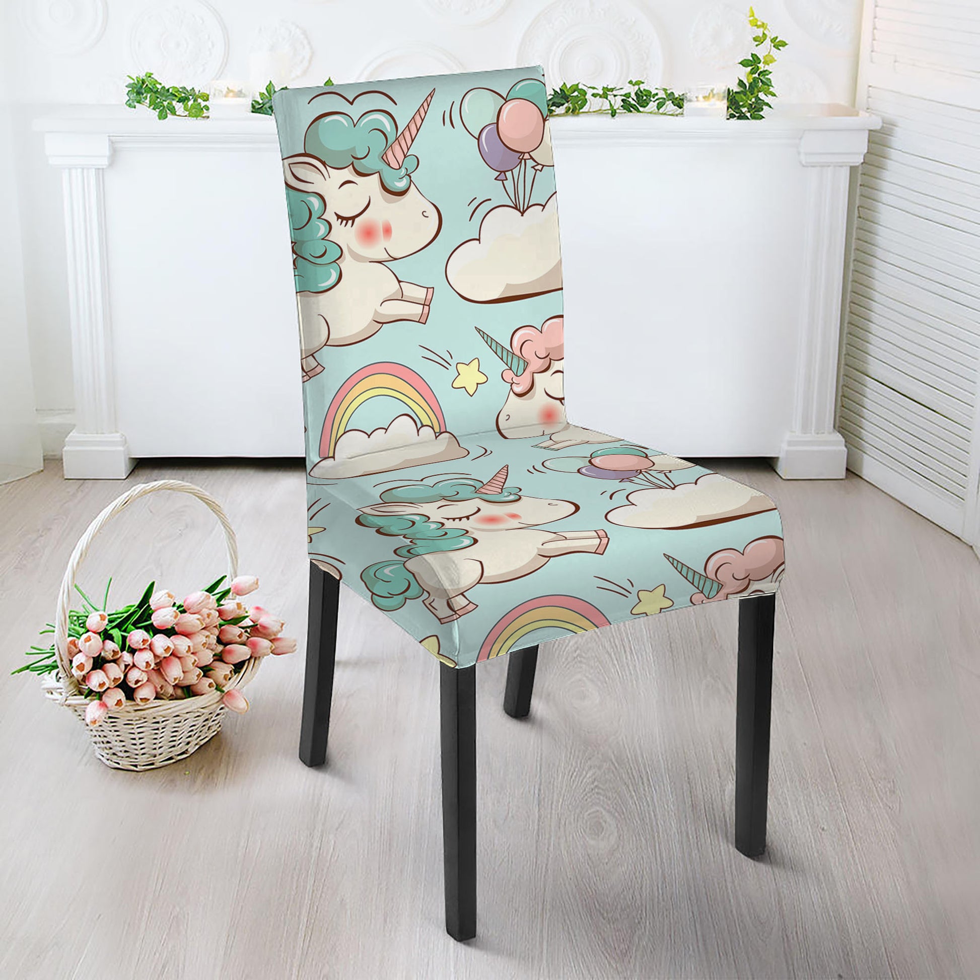 Cute Rainbow Unicorn Pattern Print Dining Chair Slipcover
