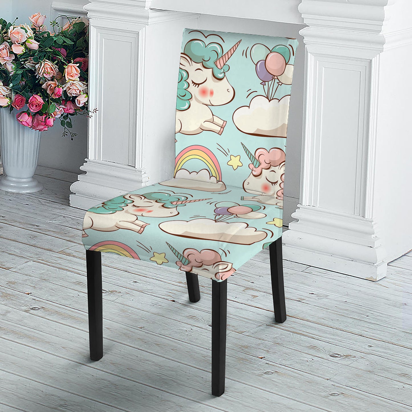 Cute Rainbow Unicorn Pattern Print Dining Chair Slipcover