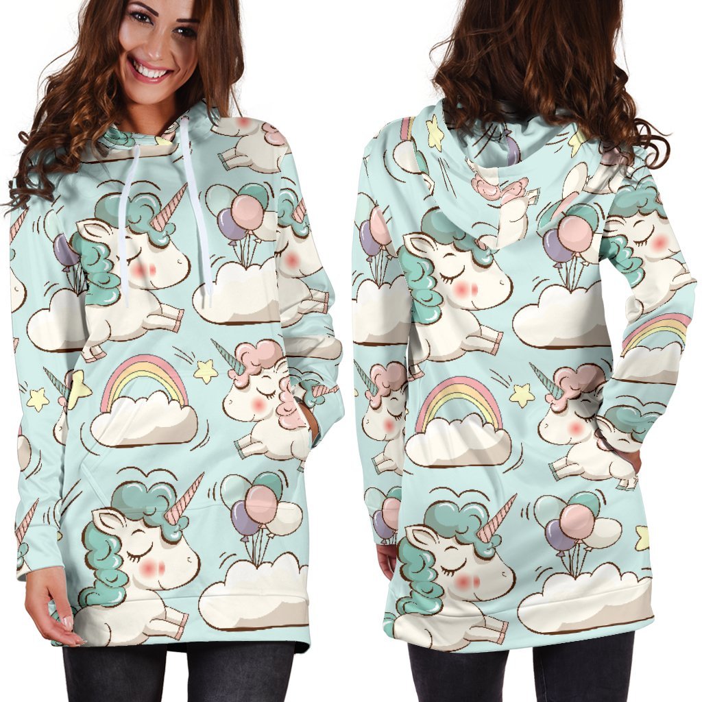 Cute Rainbow Unicorn Pattern Print Hoodie Dress GearFrost