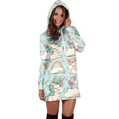Cute Rainbow Unicorn Pattern Print Hoodie Dress GearFrost