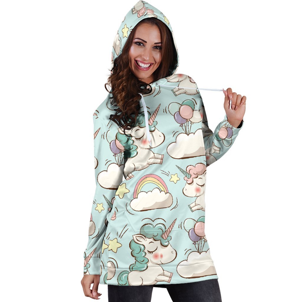 Cute Rainbow Unicorn Pattern Print Hoodie Dress GearFrost