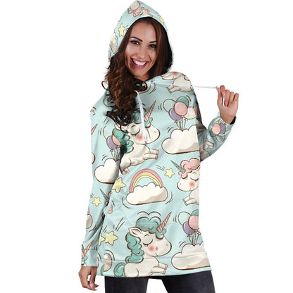 Cute Rainbow Unicorn Pattern Print Hoodie Dress GearFrost