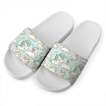 Cute Rainbow Unicorn Pattern Print White Slide Sandals