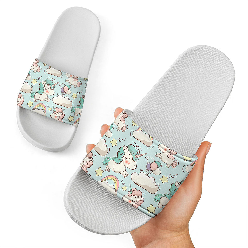 Cute Rainbow Unicorn Pattern Print White Slide Sandals