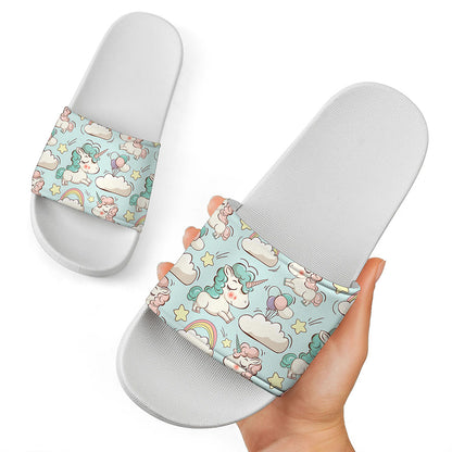 Cute Rainbow Unicorn Pattern Print White Slide Sandals