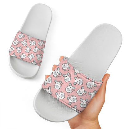 Cute Rat Pattern Print White Slide Sandals